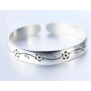 Unisex 999 Silver Cherry Blossom Bangle Cuff Bracelet, Adjustable 60mm